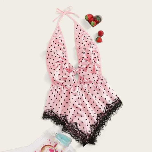 Rose Pyjama Femme - une Pièce Motifs à Pois