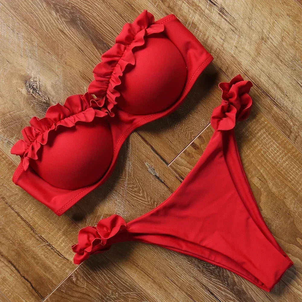 Rouge Bikini deux pièces avec volant décoratif