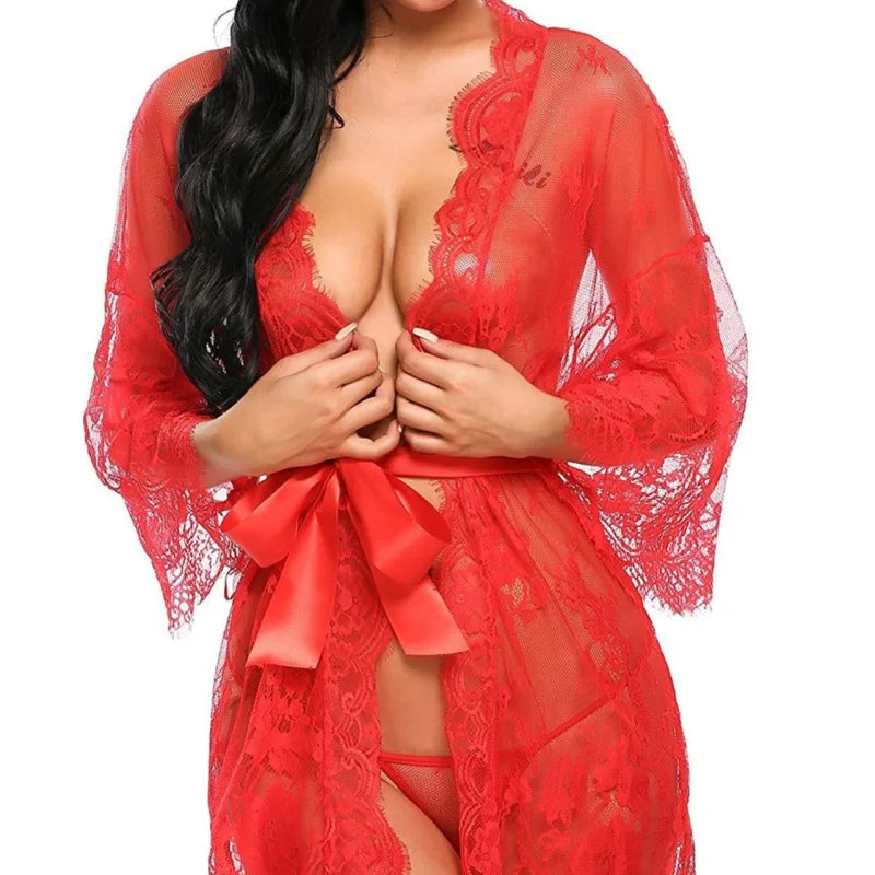 Rouge Kimono Court en Dentelle - Déshabillé Féminin