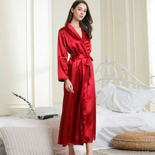 Rouge Kimono Féminin - Déshabillé Long en Satin