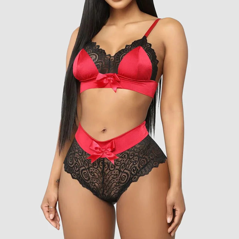 Rouge Lingerie Assortie avec Dentelle et Nœud en Satin