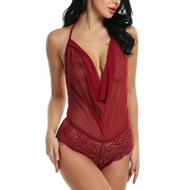 Rouge Lingerie Femme - Décolleté, Transparent et Dos Nu