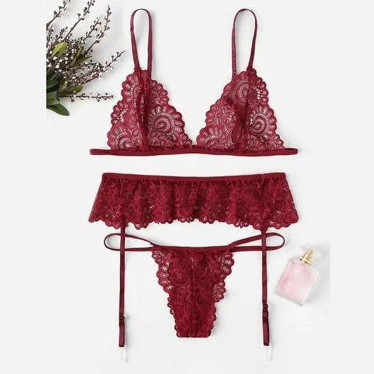 Rouge Lingerie Fine Dentelle Sexy - Ensemble 3 Pièces