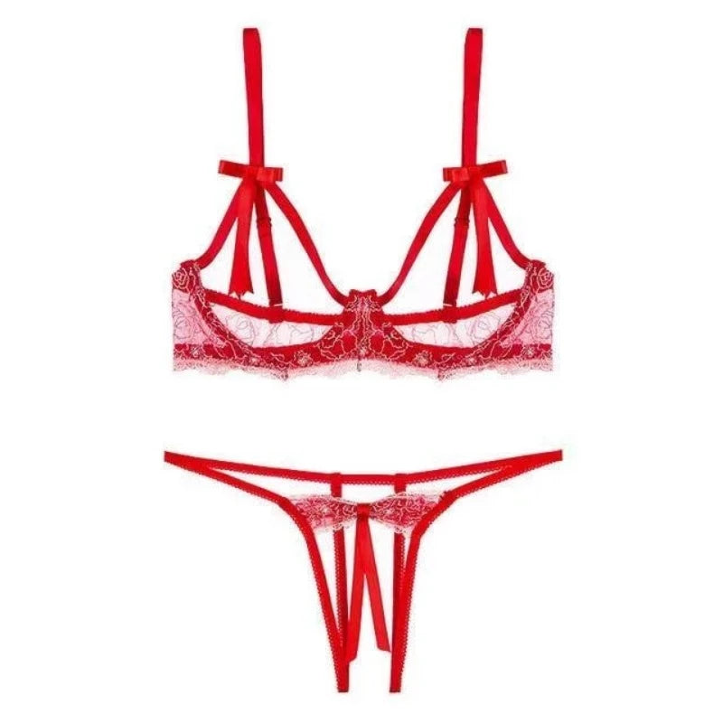 Rouge Lingerie Sexy Demi-Bonnet et Dentelle - Ensemble 2 Pièces