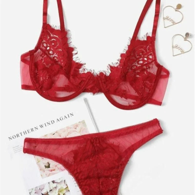 Rouge Lingerie Sexy Dentelle & Maille - Ensemble 2 Pièces