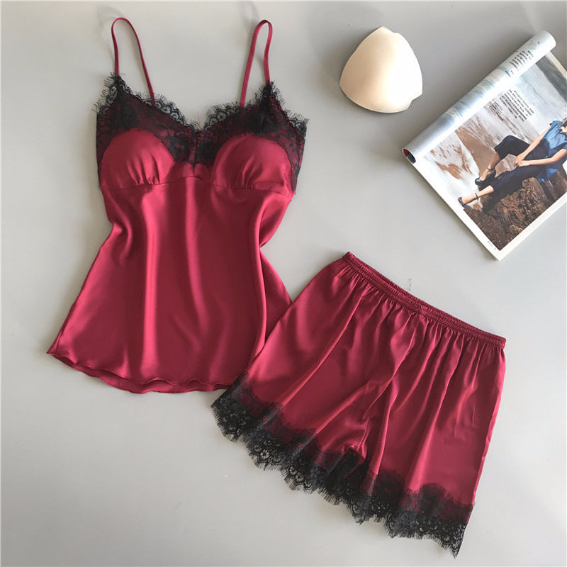 Rouge Pyjama Court pour Femme en Dentelle