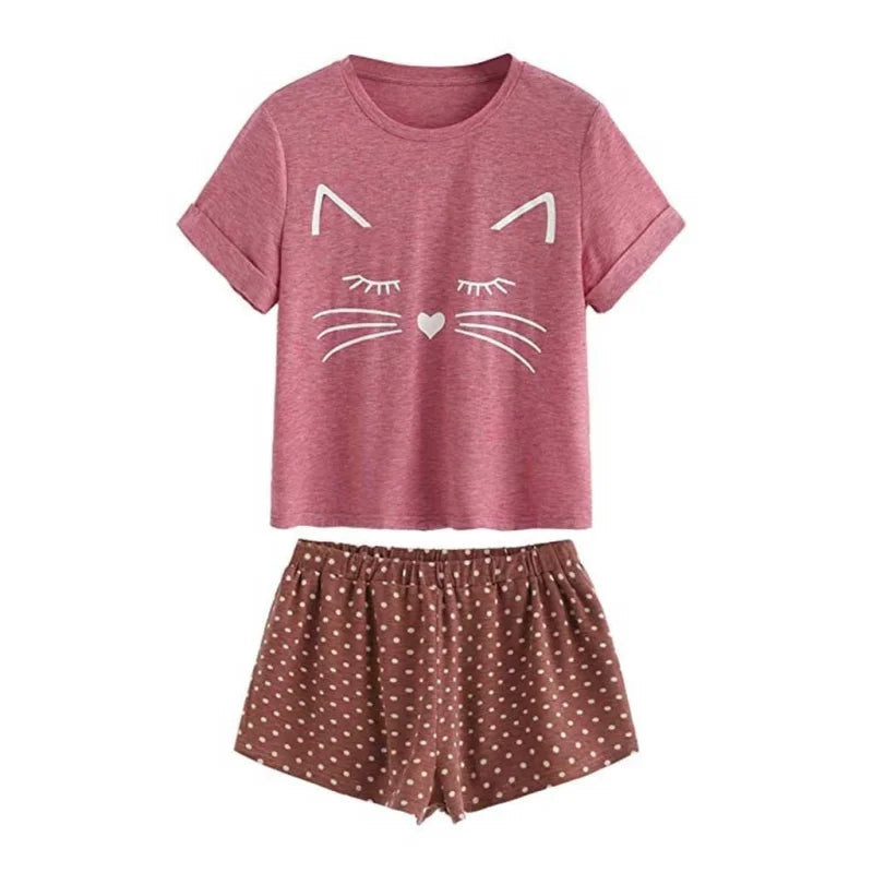 Rouge Pyjama Femme - Avec un Motif de Chat