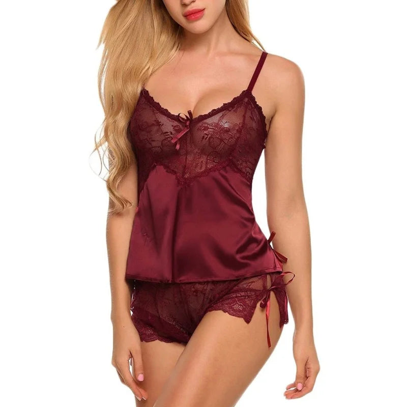 Rouge Pyjama Femme en Dentelle - Mini-Short Ultra Sexy