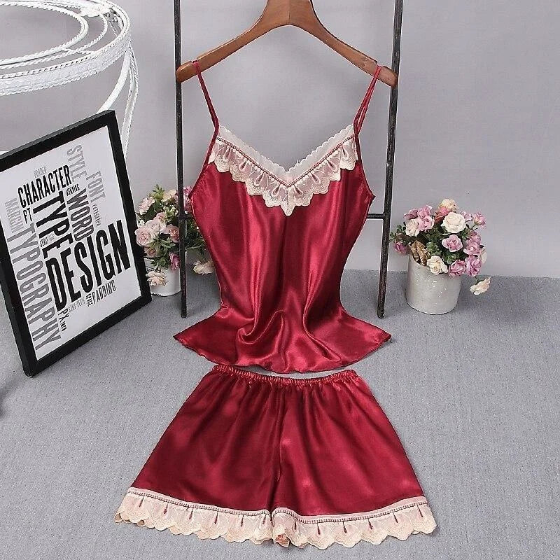 Rouge Pyjama Femme en Satin - avec Dentelle Blanche