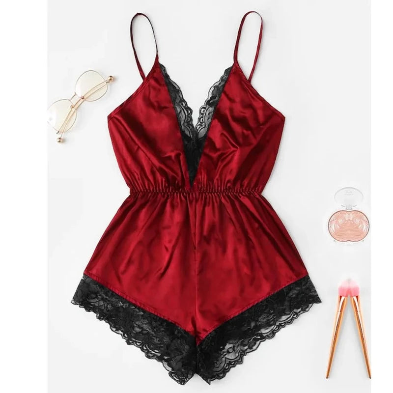 Rouge Pyjama Femme - Modèle Une Pièce avec Dentelle