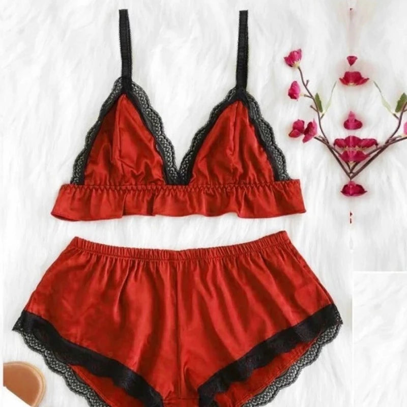 Rouge Pyjama Femme Sexy avec un Haut Court