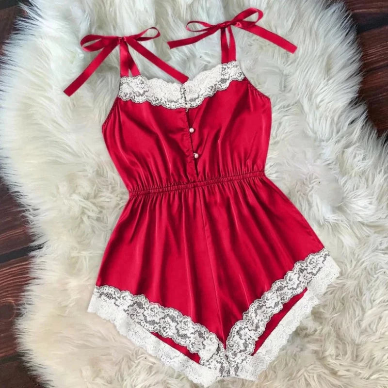 Rouge Pyjama une Pièce - avec Dentelle Blanche