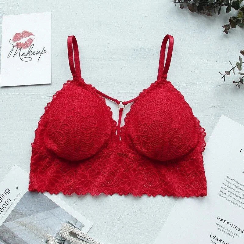 Rouge Soutien-gorge en dentelle à rayures décoratives