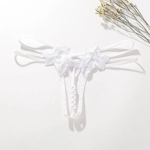 String Sexy En Dentelle - Motif Fleuri Et Perles - Blanc