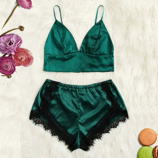 Vert Pyjama Femme - Deux Pièces avec Top Court